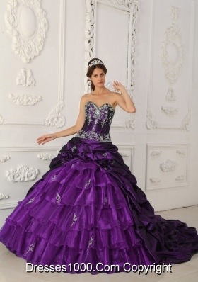 Purple Ball Gown Sweetheart Chapel Train Quinceanera Dress with Appliques Ruffled Layers