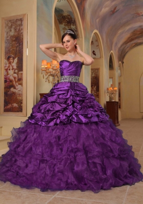 Purple Ball Gown Sweetheart Quinceanera Dress with Ruffles and Pick-ups