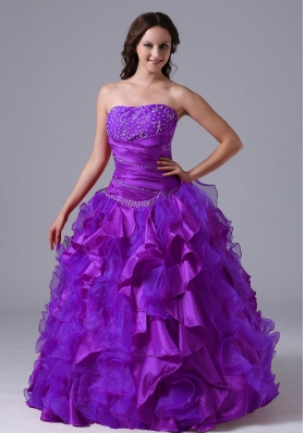 Purple Puffy Strapless with Appliques and Ruffles for 2014 Quinceanera Dress