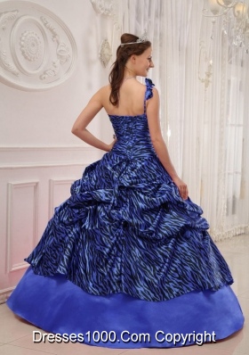 2014 Affordable Blue Puffy One Shoulder Quinceanera Dress with Pick-ups and Appliques