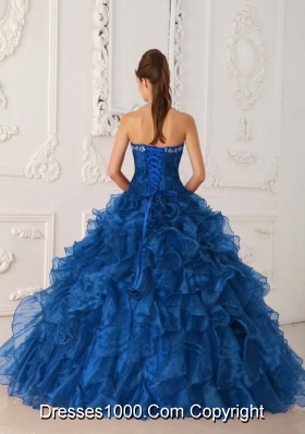 2014 Beautiful Blue Ball Gown Strapless Quinceanera Dress with Ruffles Embroidery