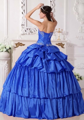 2014 Blue Ball Gown Sweetheart Beading and Ruch Detachable Quinceanera Dress with Ruffled Layers