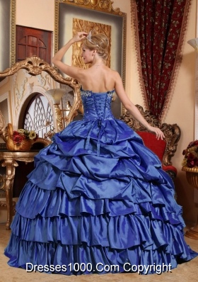 2014 Blue Puffy Strapless Appliques and Pick-ups Quinceanera Dresses with Ruffled ledLayers