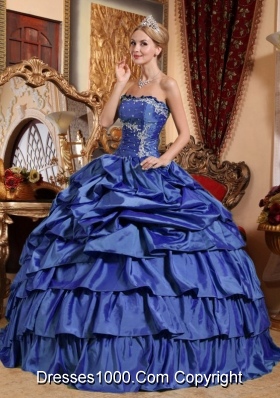 2014 Blue Puffy Strapless Appliques and Pick-ups Quinceanera Dresses with Ruffled ledLayers