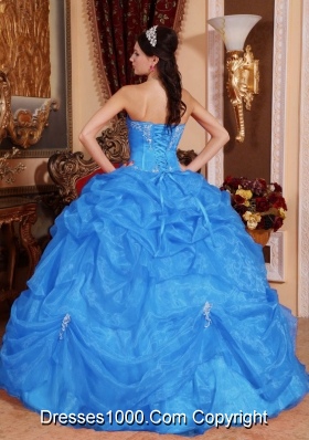 2014 Blue Puffy Sweetheart Beading Quinceanera Dress with Appliques and Pick-ups