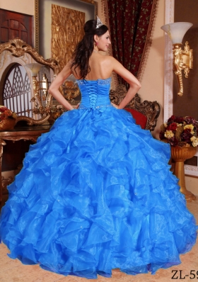 2014 Blue Puffy Sweetheart Beading Quinceanera Dress with Ruffles