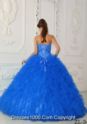 2014 Blue Puffy Sweetheart Satin and Organza Beading Quinceanera Dress