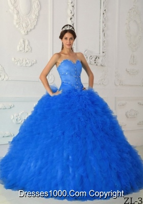 2014 Blue Puffy Sweetheart Satin and Organza Beading Quinceanera Dress