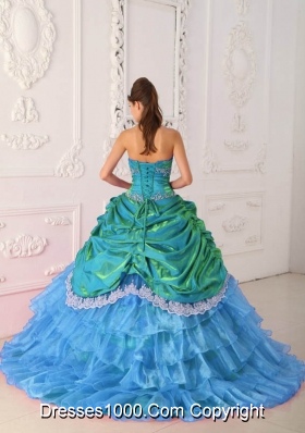 2014 CuteBlue Puffy Strapless Lace and Appliques Quinceanera Dress with Ruffled Layers