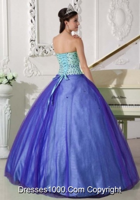 2014 Exclusive Blue Puffy Sweetheart Beading Quinceanera Dress