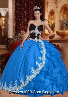 2014 Exquisite Baby Blue Puffy V-neck Appliques Quinceanera Dress with Ruffles