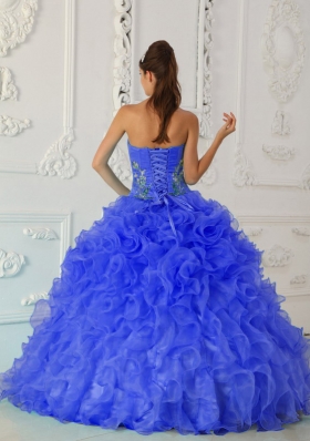 2014 Exquisite Puffy Strapless Embroidery Blue Quinceanera Dress with Ruffles