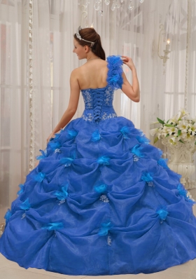 2014 Perfect Blue Puffy One-shoulder Quinceanera Dress with Appliques and Beading