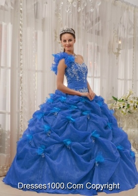 2014 Perfect Blue Puffy One-shoulder Quinceanera Dress with Appliques and Beading