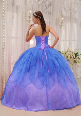 2014 Popular Blue Puffy Strapless Quinceanera Dress with Beading and Ruffles