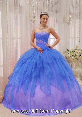 2014 Popular Blue Puffy Strapless Quinceanera Dress with Beading and Ruffles