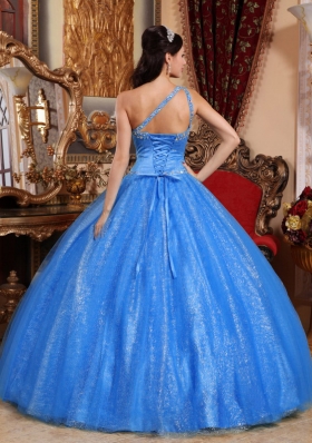 2014 Quinceanera Dress in Blue Puffy One Shoulder with Beading