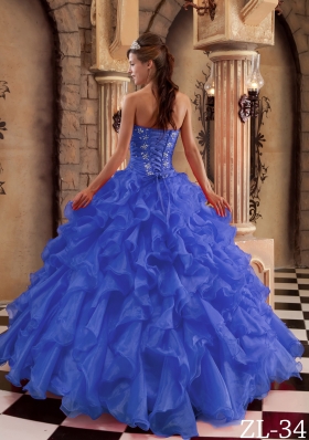 2014 Simple Royal Blue Sweetheart Puffy Ruffles Quinceanera Dress with Beading