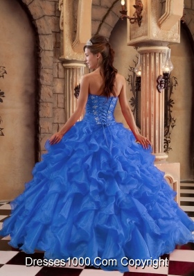 2014 the Super Hot Blue Puffy Sweetheart Ruffles Quinceanera Dress with Beading