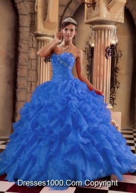 2014 the Super Hot Blue Puffy Sweetheart Ruffles Quinceanera Dress with Beading