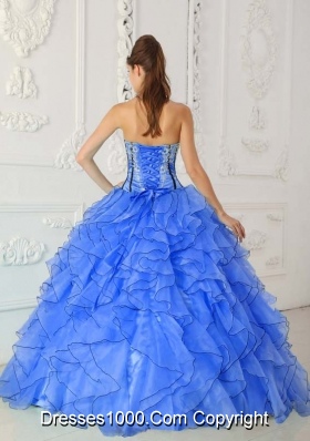 Affordable Blue Puffy Strapless Appliques for 2014 Quinceanera Dress with Ruffles