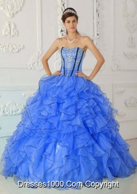 Affordable Blue Puffy Strapless Appliques for 2014 Quinceanera Dress with Ruffles