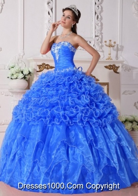 Baby Blue Ball Gown Strapless for 2014 Embroidery Quinceanera Dress with Beading