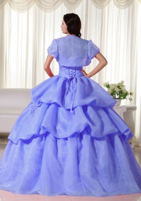 Blue Puffy Strapless Hand Flowers for 2014 Quinceanera Dress with Pick-ups