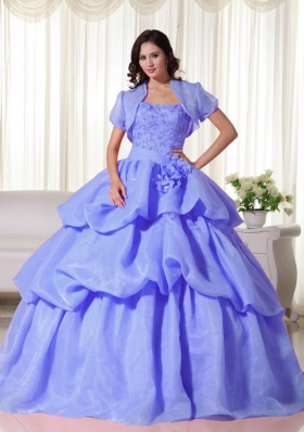 Blue Puffy Strapless Hand Flowers for 2014 Quinceanera Dress with Pick-ups