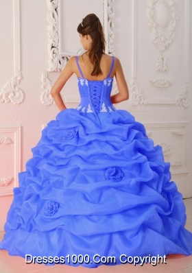 Blue Puffy Straps for 2014 Appliques Quinceanera Dress with Pick-ups and Hand Made Flowers