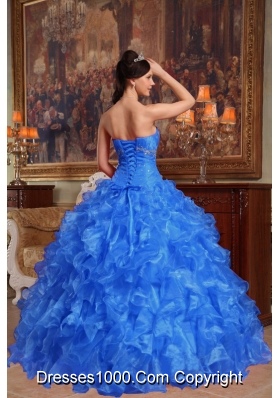 Blue Puffy Sweetheart for 2014 Beading Quinceanera Dress with Ruffles