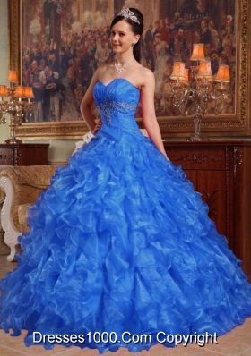 Blue Puffy Sweetheart for 2014 Beading Quinceanera Dress with Ruffles