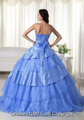 Discount Blue Puffy One Shoulder for 2014 Beading Quinceanera Dress with Ruffled Layers