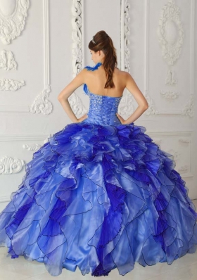 Discount Royal Blue Puffy Strapless for 2014 Beading Quinceanera Dress with Ruffles