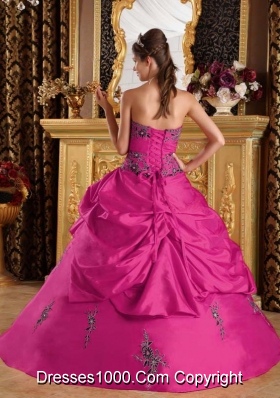 Discount Strapless Taffeta Fuchsia Quinceanera Dress with Appliques