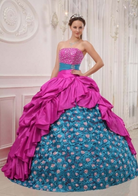 Fuchsia and Blue Strapless Beaded Decorate Bust Sweet 16 Dresses