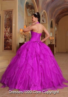 Fuchsia Halter Organza Quinceanera Dress with Appliques and Beading