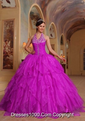 Fuchsia Halter Organza Quinceanera Dress with Appliques and Beading