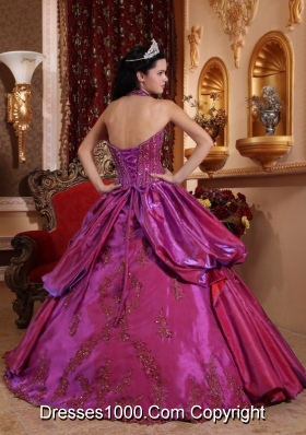 Fuchsia Halter Top Neck Taffeta Appliques Decorate Sweet Sixteen Dresses