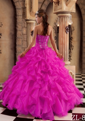 Fuchsia Sweetheart Organza Beaded Decorate Quinceanera Dress with Ruffles