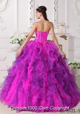 Fuchsia Sweetheart Satin and Organza Quinceanera Gown with Embroidery