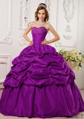 Fuchsia Sweetheart Tafftea Appliques and Pick-ups Quinceanera Gown