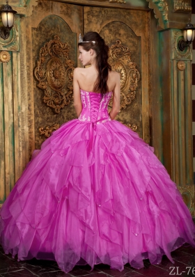 Gorgeous Ball Gown Strapless Floor-length Appliques Organza Hot Pink Quinceanera Dress