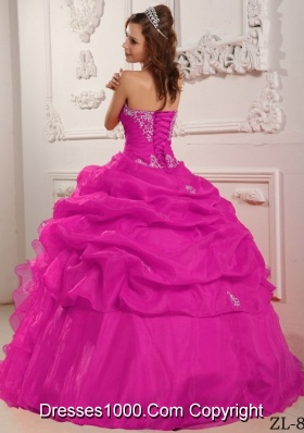 Hot Pink Ball Gown Strapless Floor-length Organza Beading And Ruffles Quinceanera Dress