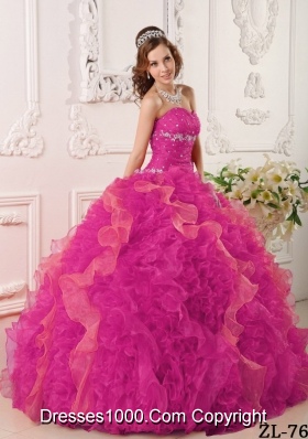 Hot Pink Ball Gown Sweetheart Floor-length Organza Appliques and Beading Quinceanera Dress