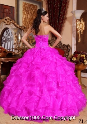 Hot Pink Ball Gown Sweetheart Floor-length Organza Beading Quinceanera Dress