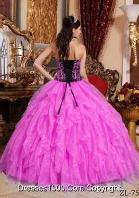 Hot Pink Ball Gown Sweetheart Floor-length Organza Embroidery with Beading Quinceanera Dress