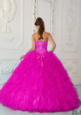 Hot Pink Ball Gown Sweetheart Floor-length Satin and Organza Beading Quinceanera Dress