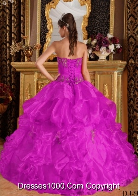 Strapless Appliques and Pick-ups Organza Quinceanera Dress in Fuchsia