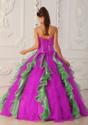 Strapless Fuchsia and Green Quinceanera Gowns with Appliques and Beading